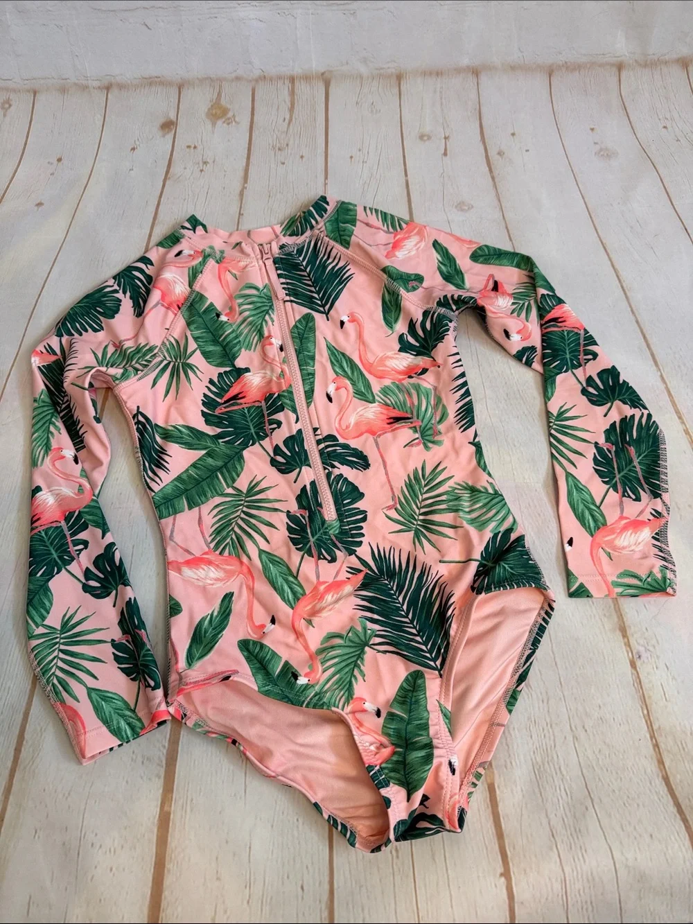 Old Navy Girls' Pink Flamingo & Green Leaf Long-Sleeve One-Piece Swimsuit